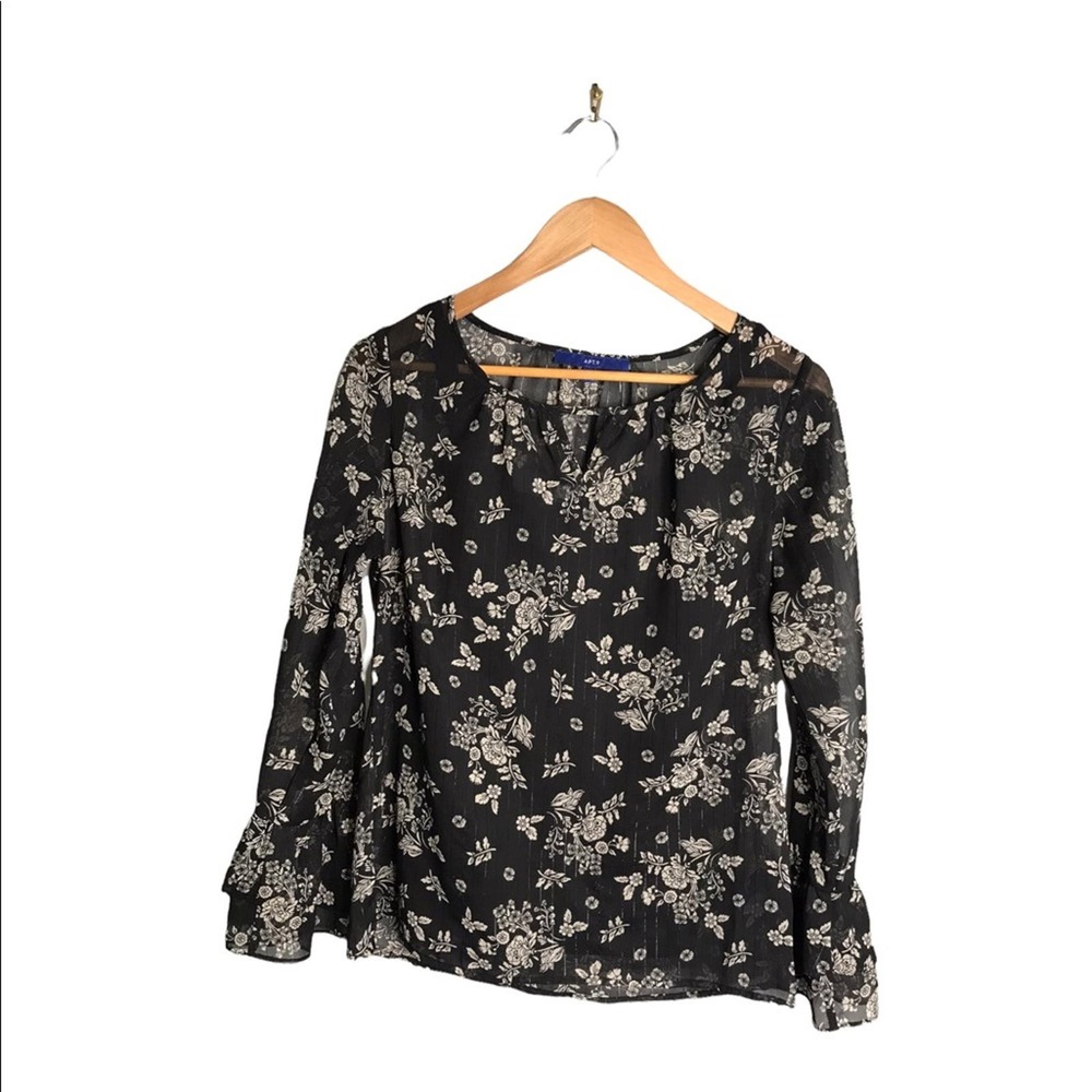 Apt. 9 | Black Floral Print Sheer Blouse Keyhole Chest Bell sleeve •